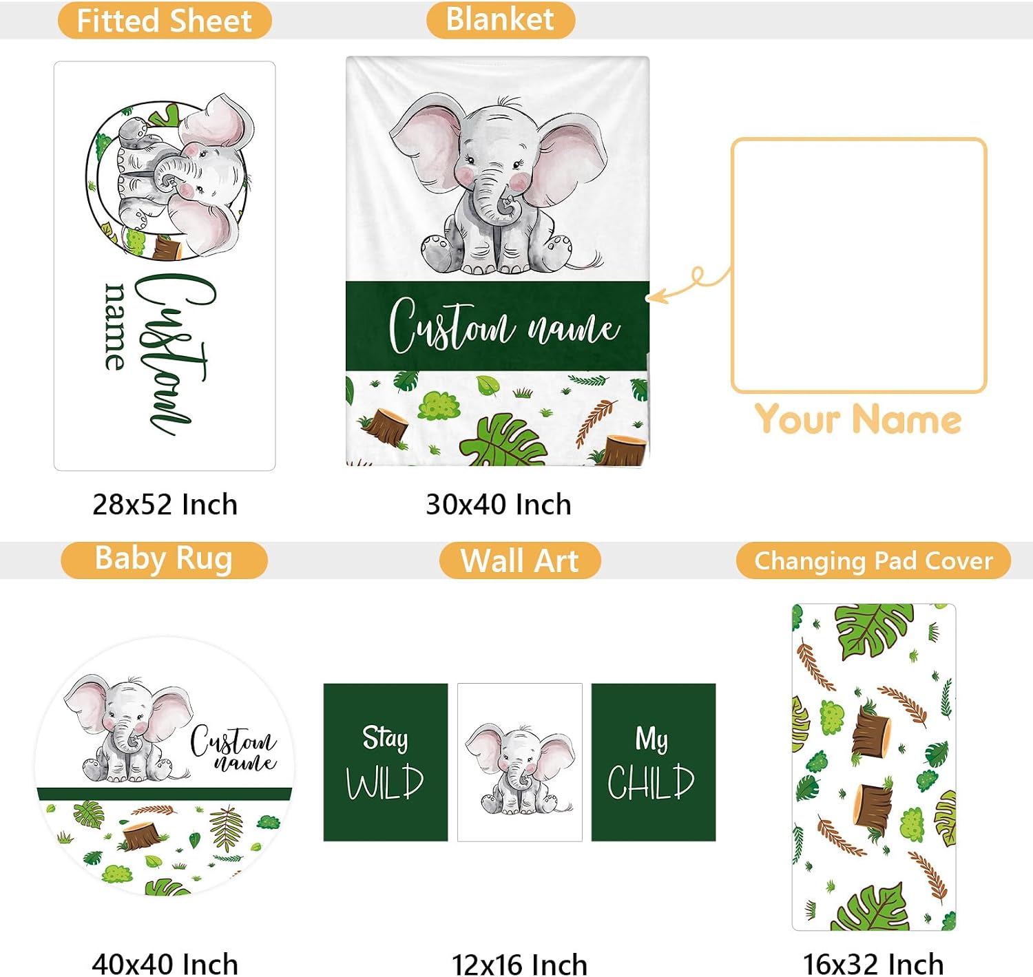 Terwex Personalized Baby Crib Set, 5 Pcs Baby Boy Crib Bedding Set, Custom Name Green Elephant Baby Crib Bedding Set Neutral, Double Layer Flannel Nursery Bedding Set, Infant Toddler Customized Gift