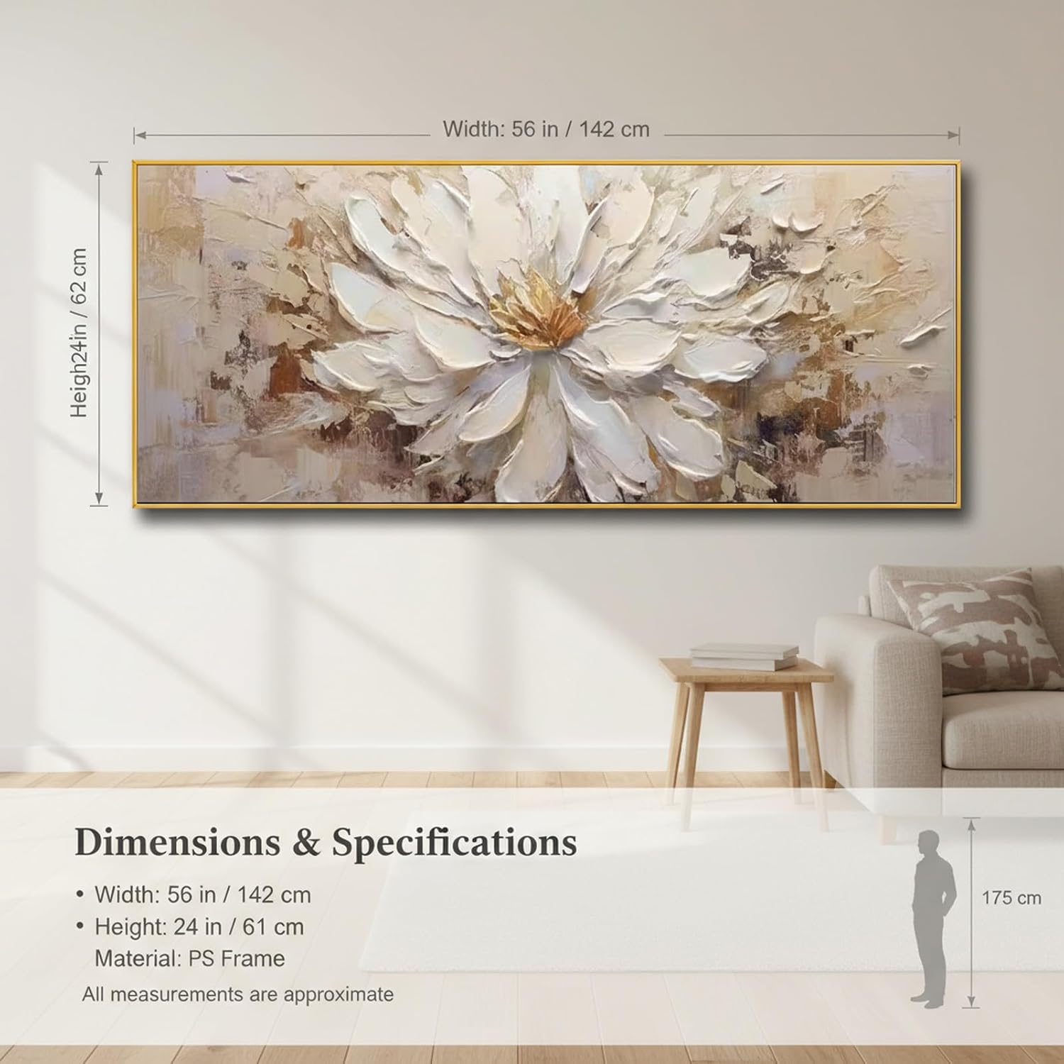 Hand-Painted Flower Canvas Oil Painting for Living Room, Large White Floral Canvas Wall Art for Bedroom,Gold Framed 3D Textured Painting for Office Kitchen Home Decoration 24x56 inches