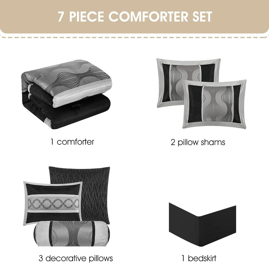 Grand Avenue Elegant Black and Silver Comforter Set California King Size, Striped, 7 Pieces Bedding & Collection, Jacquard All Season Comforter & Pillows, Ultra-Soft Microfiber