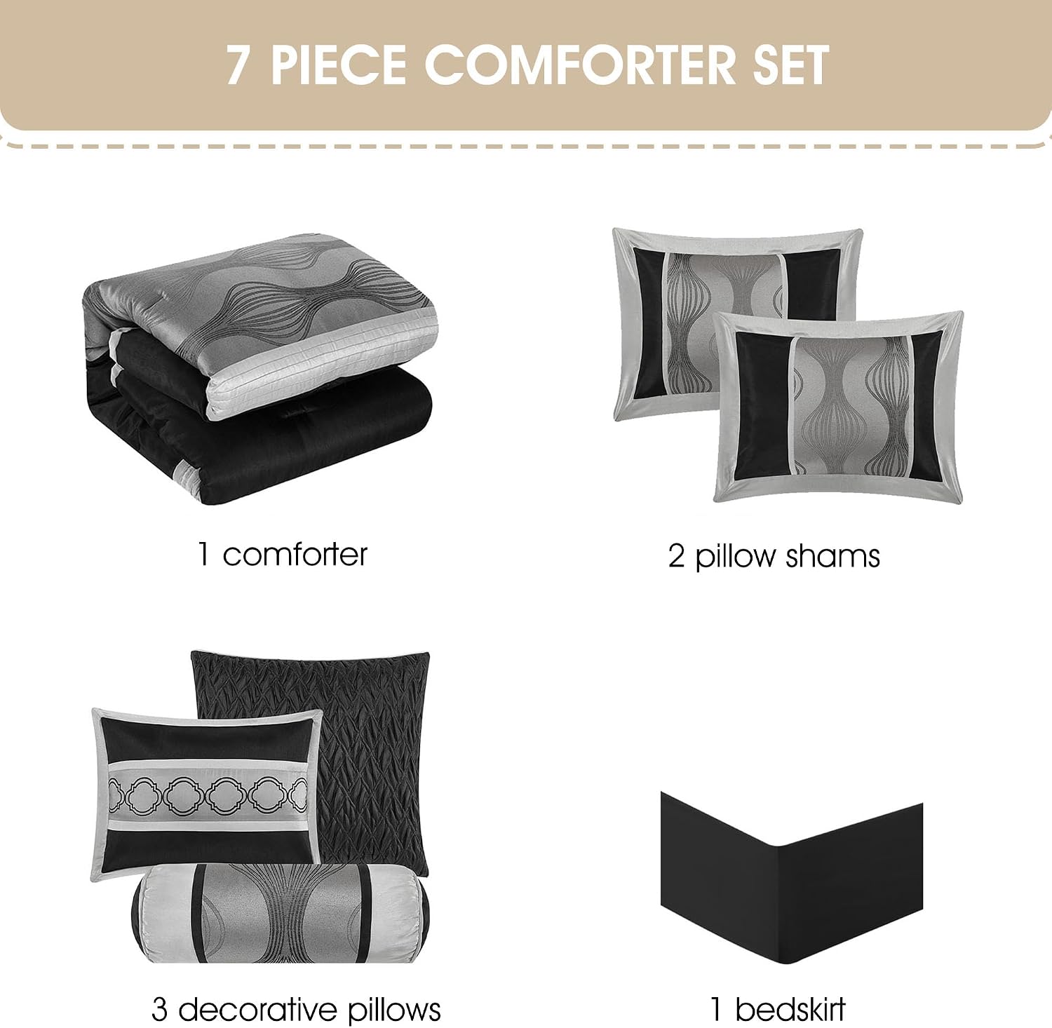 Grand Avenue Elegant Black and Silver Comforter Set California King Size, Striped, 7 Pieces Bedding & Collection, Jacquard All Season Comforter & Pillows, Ultra-Soft Microfiber