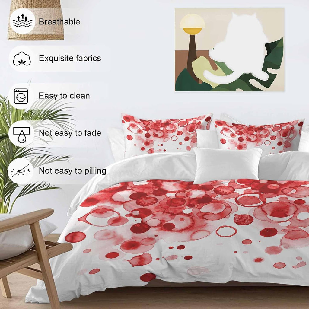 Abstract Duvet Cover Set Queen Size 4 Pieces Red Gradient Watercolors Ink Points Minimalist Style Bedding Set with Zipper Closure, 1 Comforter Cover 86x86 Inches 1 Flat Sheet & 2 Pillow Cases