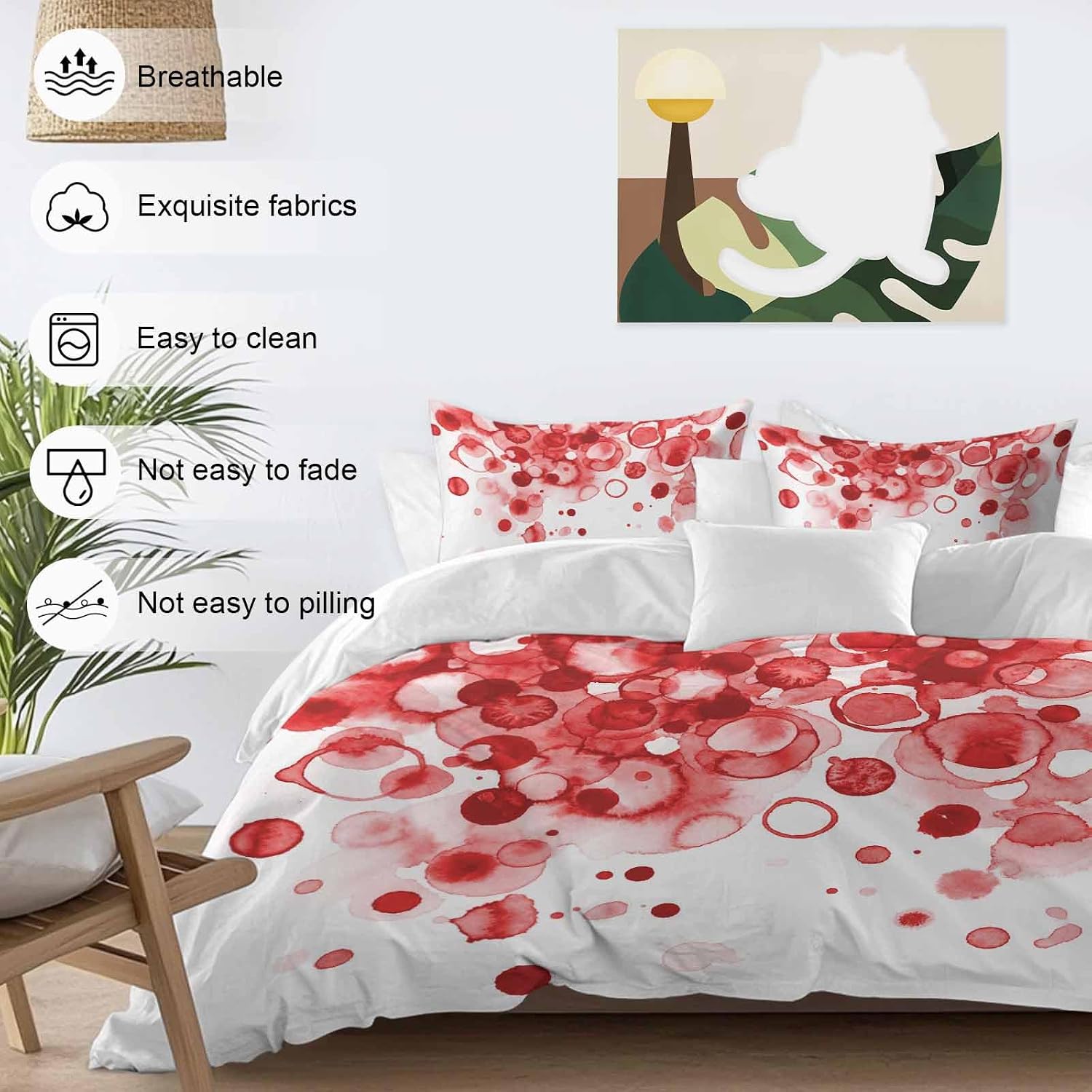 Abstract Duvet Cover Set Queen Size 4 Pieces Red Gradient Watercolors Ink Points Minimalist Style Bedding Set with Zipper Closure, 1 Comforter Cover 86x86 Inches 1 Flat Sheet & 2 Pillow Cases