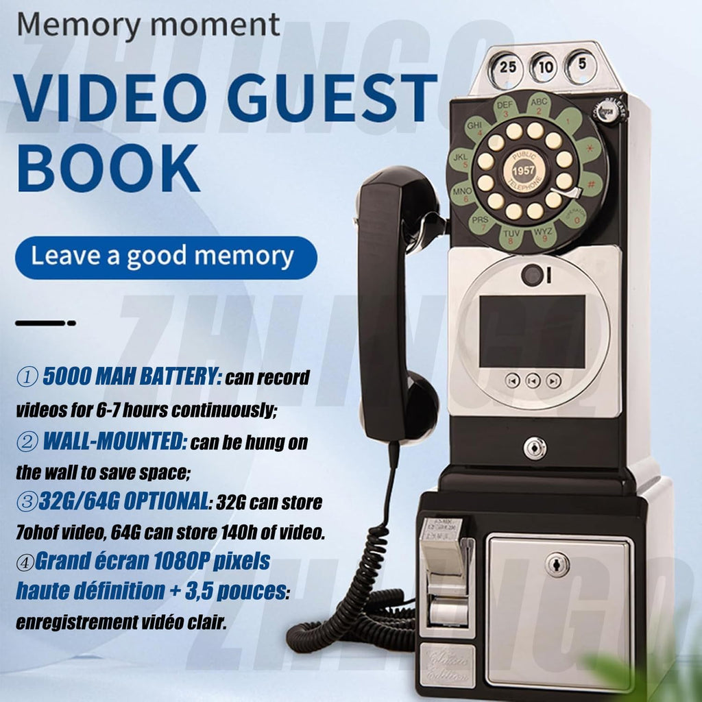 Video & Audio Guest Book 64G 32G 1080P Wedding Phone Guestbook Creative Easy to Use & Fun Engagements Anniversaries Baby Showers Graduation for Home Bar Cafe 18.11''H x 6.3''W x 5.127''L,Black-64G