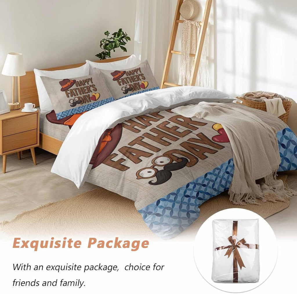 Prime Leader Father's Day Duvet Cover Set Queen Size 4 Pieces Wood Grain Retro Love Heart Hat Brown Blue Bedding Set with Zipper Closure, 1 Comforter Cover 86x86 Inches 1 Flat Sheet & 2 Pillow Cases