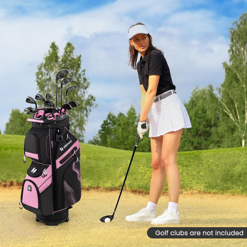 ULTIMATE 14-Way Golf Cart Bag, Golf Bag w/Molded Lock Top & Full Length Dividers, Portable Golf Club Bag w/11 Pockets, Cooler Bag, Padded Strap & Rain Hood for Men Women