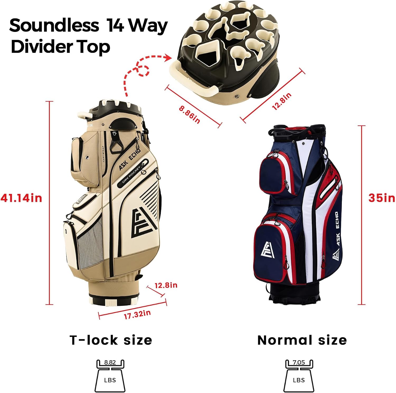 ASK ECHO T-Lock Golf Cart Bag with 14 Way Organizer Divider Top, Premium Cart Bag with Handles and Rain Cover, for Men