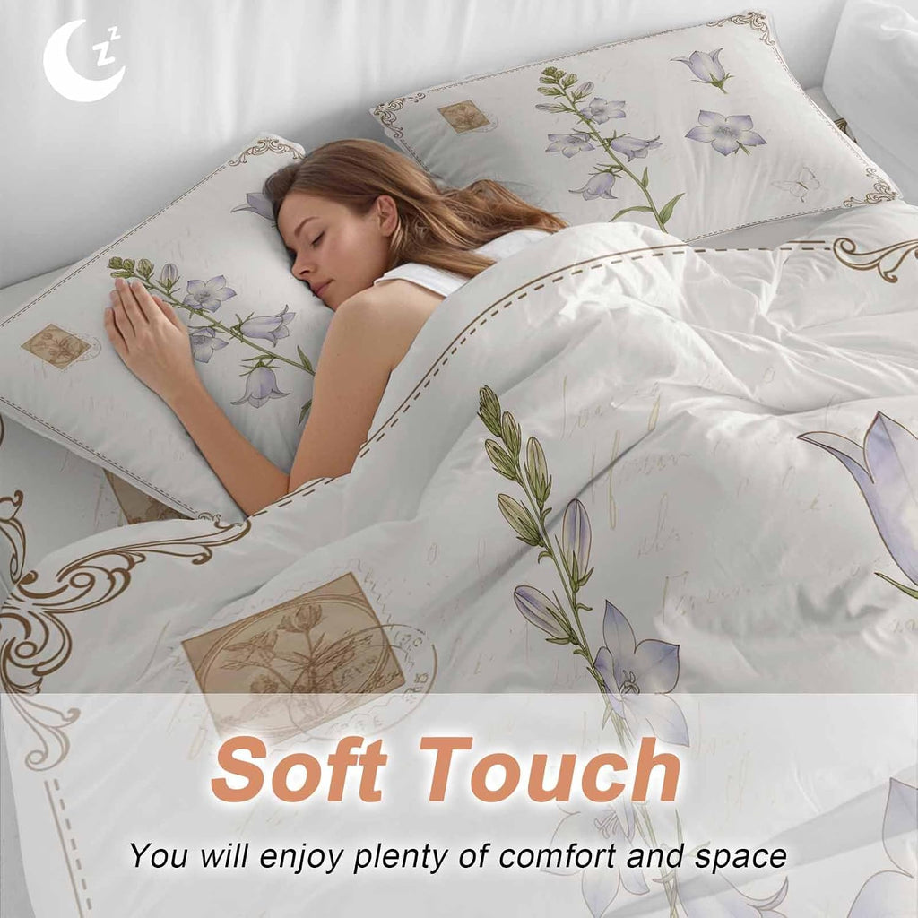 Purple Bellflowers Duvet Cover Set Queen Size 4 Pieces Country Pastoral Watercolor Flowers Green Leaf Bedding Set with Zipper Closure, 1 Comforter Cover 92x106 Inches 1 Flat Sheet & 2 Pillow Cases
