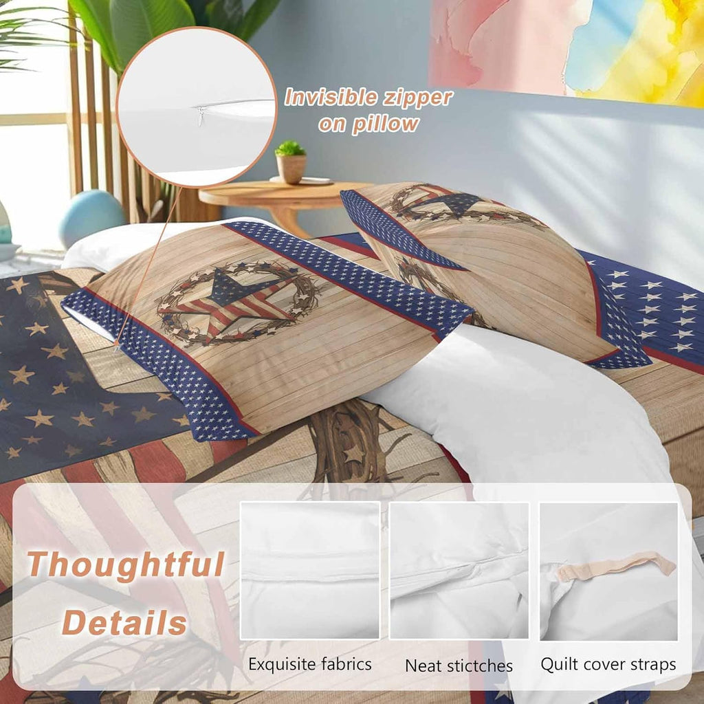 Prime Leader Independence Day Duvet Cover Set Queen Size 4 Pieces Vintage Stars Stripes Wood Grain Bedding Set with Zipper Closure, 1 Comforter Cover 92x106 Inches 1 Flat Sheet & 2 Pillow Cases