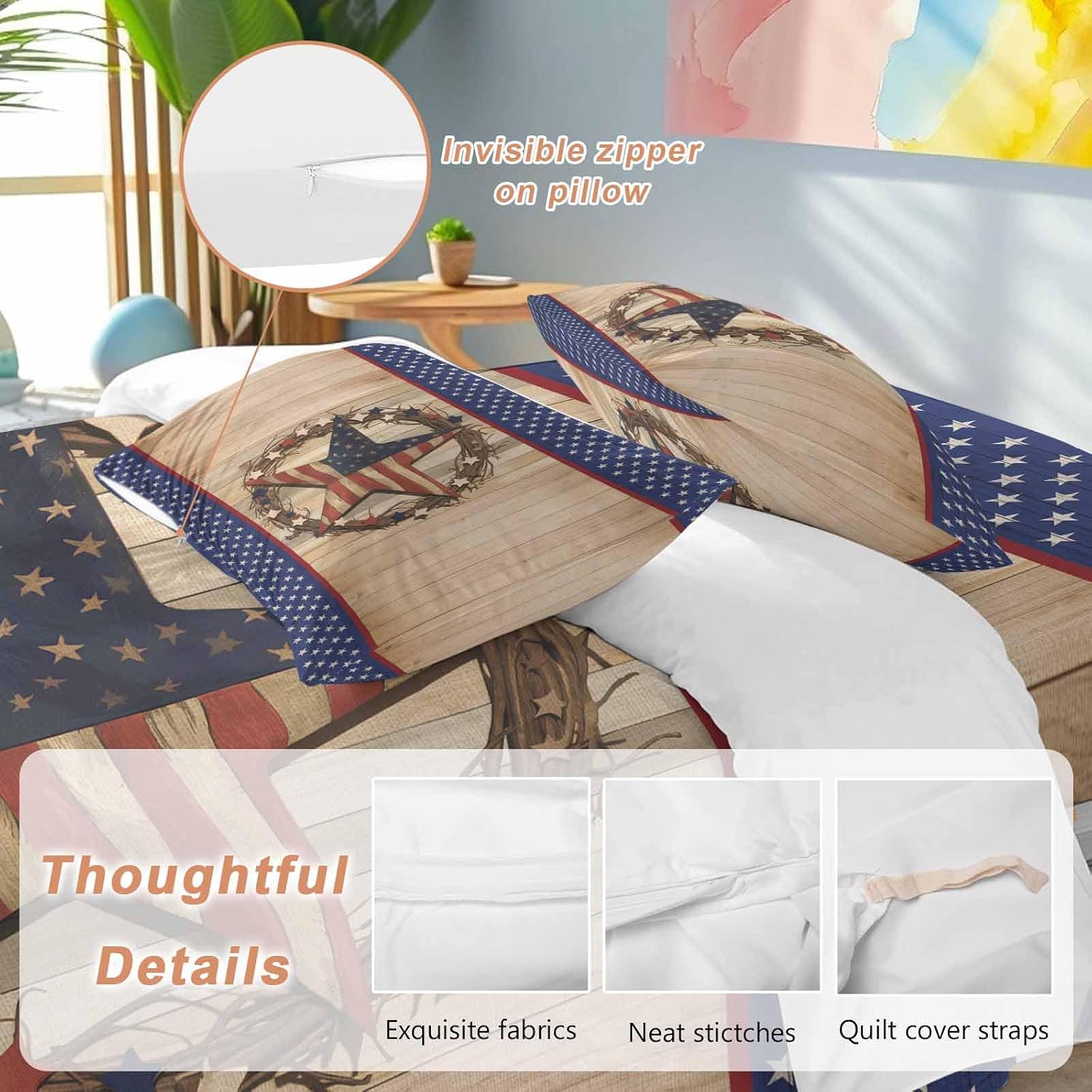 Prime Leader Independence Day Duvet Cover Set Queen Size 4 Pieces Vintage Stars Stripes Wood Grain Bedding Set with Zipper Closure, 1 Comforter Cover 92x106 Inches 1 Flat Sheet & 2 Pillow Cases
