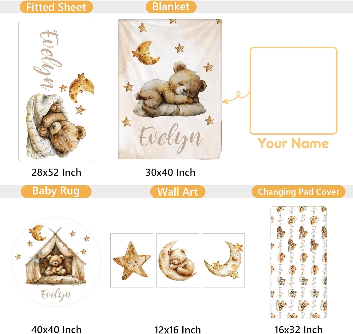 Terwex Personalized Baby Bedding Set, 5 Pcs Custom Baby Crib Sets with Name, Bear Toddler Bedding Set for Baby Boys Girls, Double Layer Nursery Flannel Bedding Set, Customized Gifts for Infants Kids