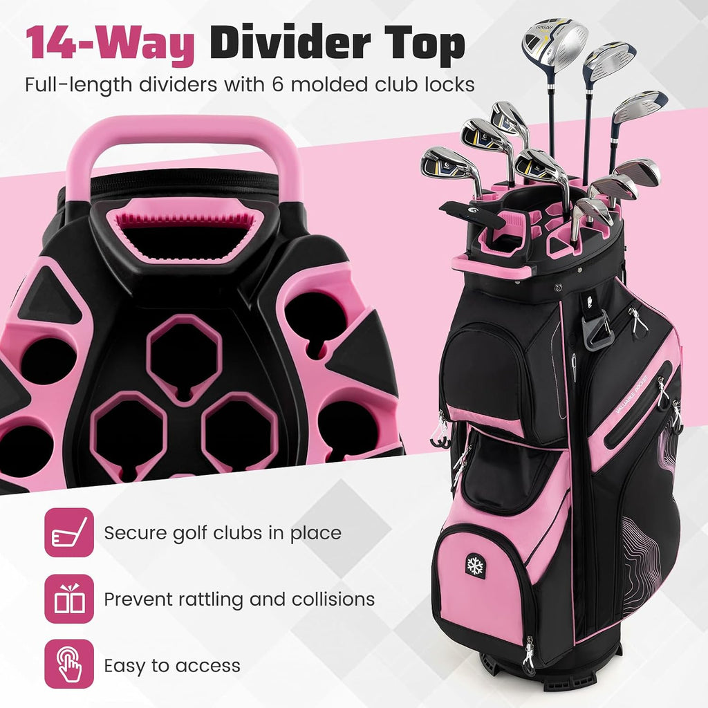 Goplus Lightweight Golf Cart Bag, Molded Lock Top Golf Club Bag w/14-Way Full Length Organizer Dividers, 11 Pockets, Cooler Bag, Straps, Umbrella Holder & Rain Hood for Men Women