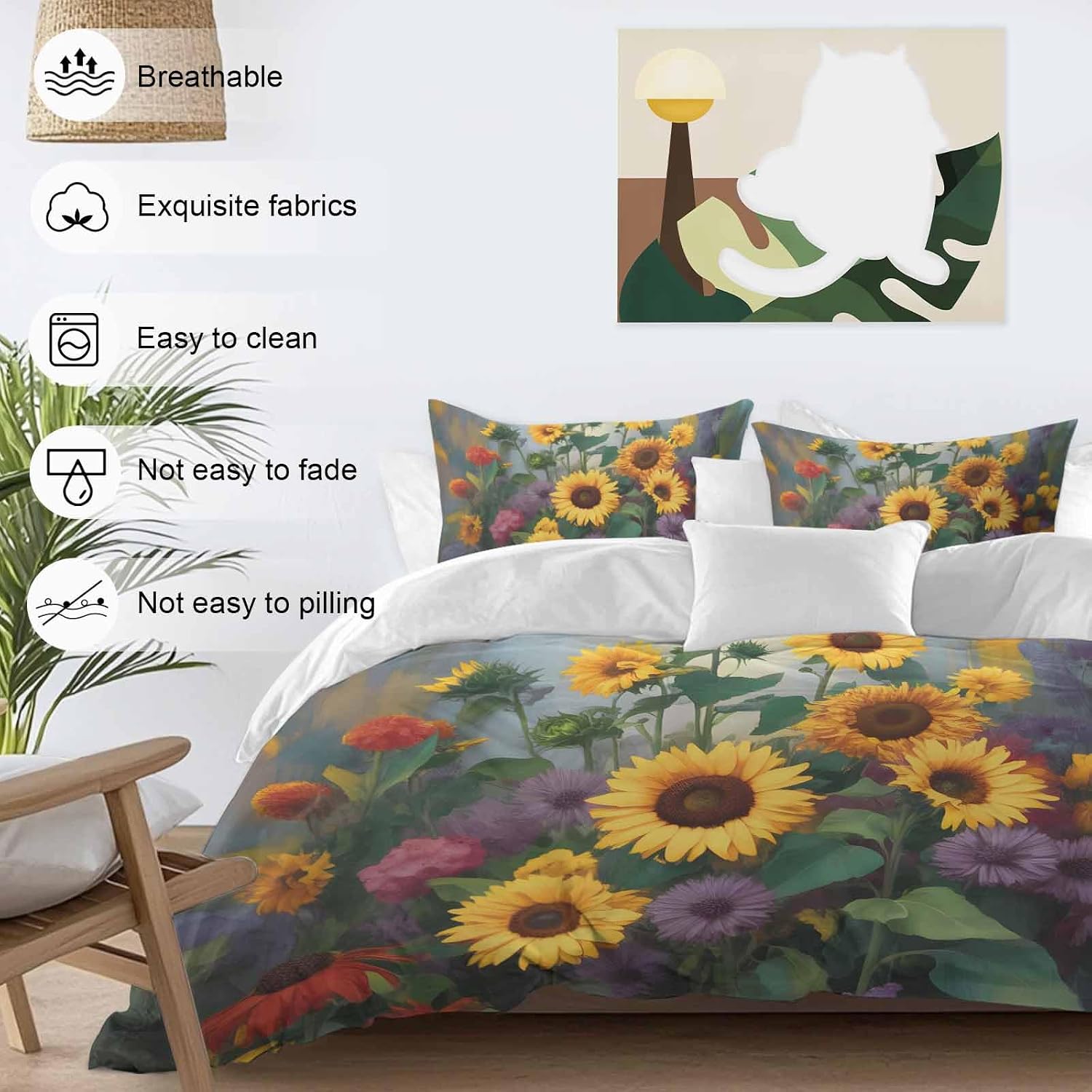 Spring Florals Duvet Cover Set Queen Size 4 Pieces Watercolor Sunflowers Country Green Leaves Bedding Set with Zipper Closure, 1 Comforter Cover 90x92 Inches 1 Flat Sheet & 2 Pillow Cases