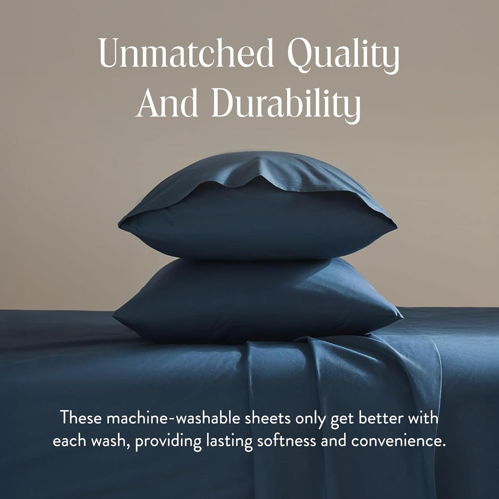 Brooklinen Luxury Sateen 4 Piece Sheet Set - 100% Cotton Sateen Sheets, Soft & Durable King Size Sheets Set in Abyss Blue, Oeko-TEX Certified Bedding Set, 1 Fitted Sheet, 1 Flat Sheet, 2 Pillowcases