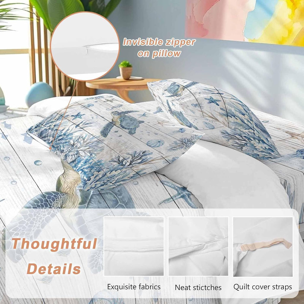 Marine Life Duvet Cover Set Queen Size 4 Pieces Ocean Turtle Coral Starfish Seashell Coastal Wood Grain Bedding Set with Zipper Closure, 1 Comforter Cover 90x92 Inches 1 Flat Sheet & 2 Pillow Cases