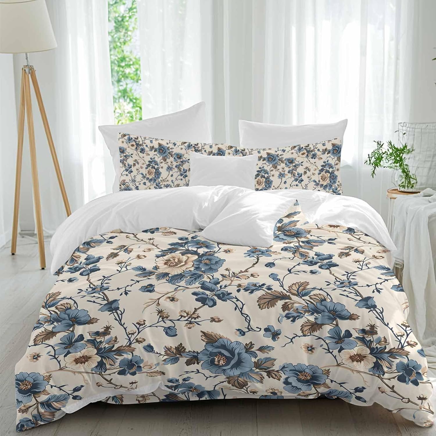 Vintage Floral Duvet Cover Set Queen Size 4 Pieces Beige Blue Brown Flowers Rustic Farmhouse Bedding Set with Zipper Closure, 1 Comforter Cover 92x106 Inches 1 Flat Sheet & 2 Pillow Cases