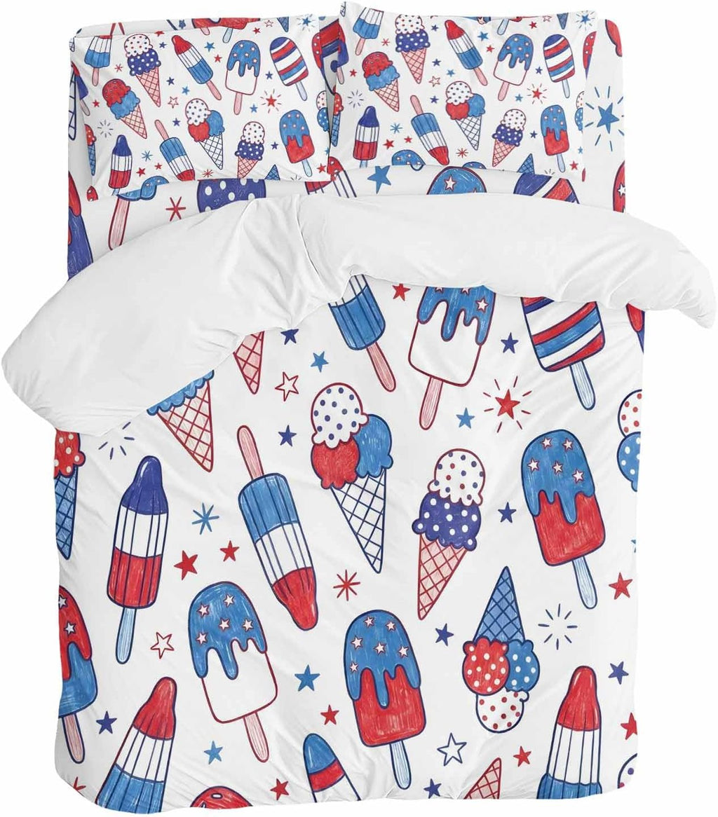 Prime Leader Red Blue Ice Cream Duvet Cover Set Queen Size 4 Pieces Independence Day Retro Ice Cream Bedding Set with Zipper Closure, 1 Comforter Cover 90x92 Inches 1 Flat Sheet & 2 Pillow Cases