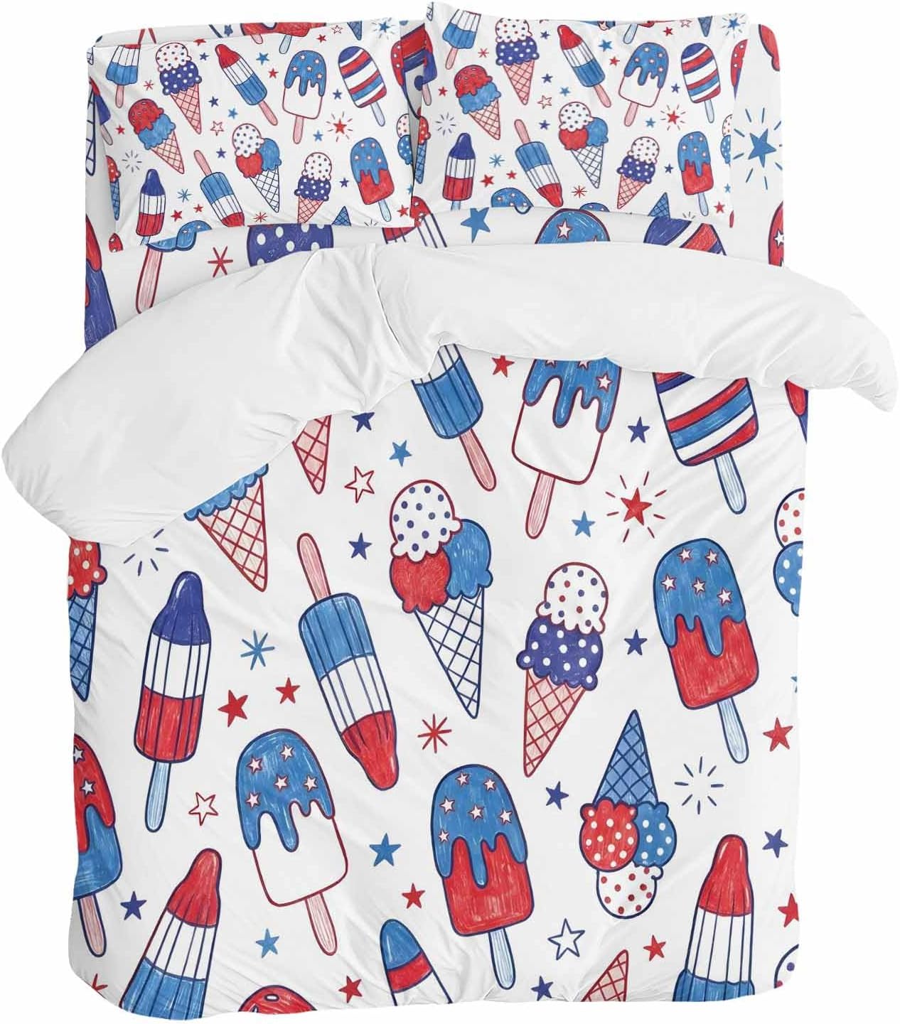 Prime Leader Red Blue Ice Cream Duvet Cover Set Queen Size 4 Pieces Independence Day Retro Ice Cream Bedding Set with Zipper Closure, 1 Comforter Cover 90x92 Inches 1 Flat Sheet & 2 Pillow Cases