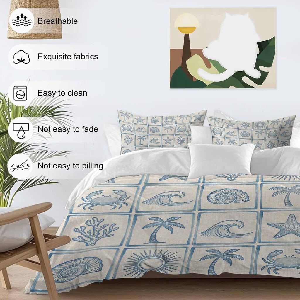 Prime Leader Summer Coastal Duvet Cover Set Queen Size 4 Pieces Retro Ocean Waves Shell Crab Coconut Tree Bedding Set with Zipper Closure, 1 Comforter Cover 90x92 Inches 1 Flat Sheet & 2 Pillow Cases