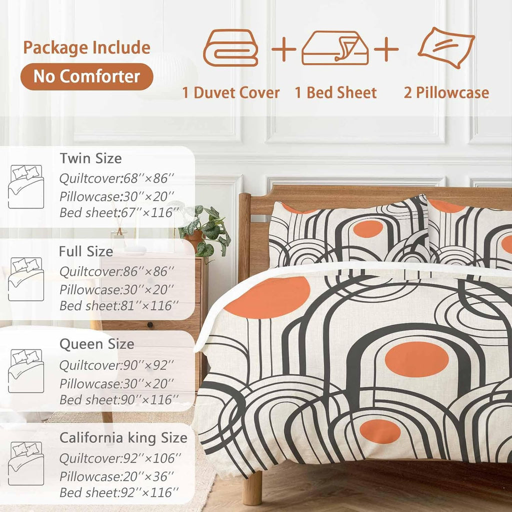 Black Orange Duvet Cover Set Queen Size 4 Pieces Abstract Line Boho Minimalist Mid Century Arch Geometric Bedding Set with Zipper Closure, 1 Comforter Cover 86x86 Inches 1 Flat Sheet & 2 Pillow Cases