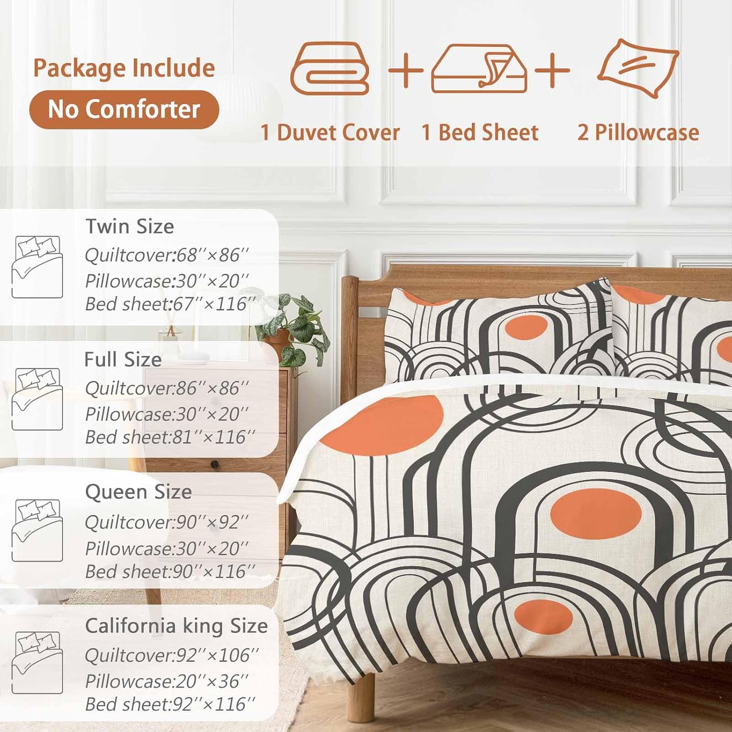 Black Orange Duvet Cover Set Queen Size 4 Pieces Abstract Line Boho Minimalist Mid Century Arch Geometric Bedding Set with Zipper Closure, 1 Comforter Cover 90x92 Inches 1 Flat Sheet & 2 Pillow Cases