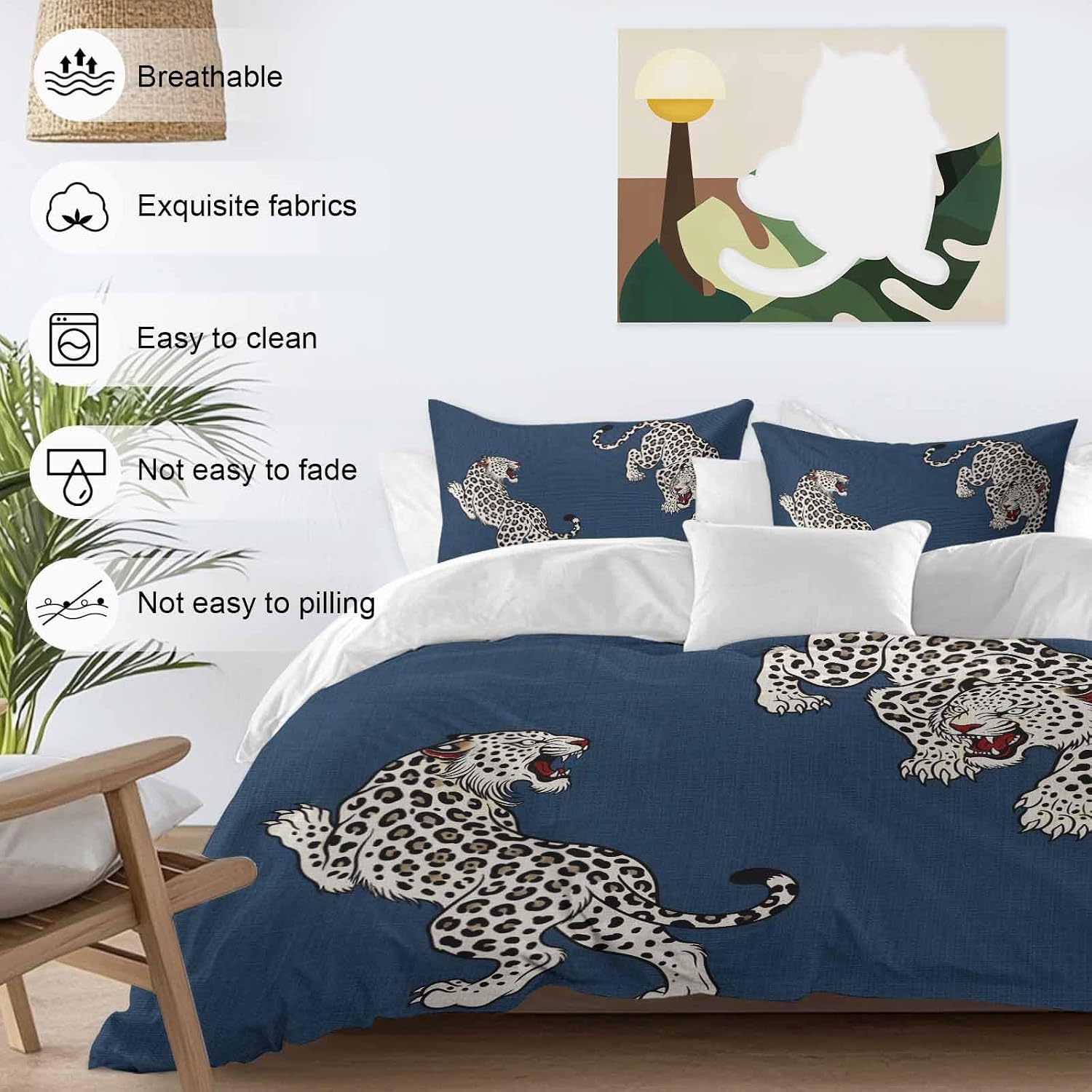 Navy Blue Leopard Duvet Cover Set Queen Size 4 Pieces Modern Style Wild Animal Rustic Linen Texture Bedding Set with Zipper Closure, 1 Comforter Cover 92x106 Inches 1 Flat Sheet & 2 Pillow Cases
