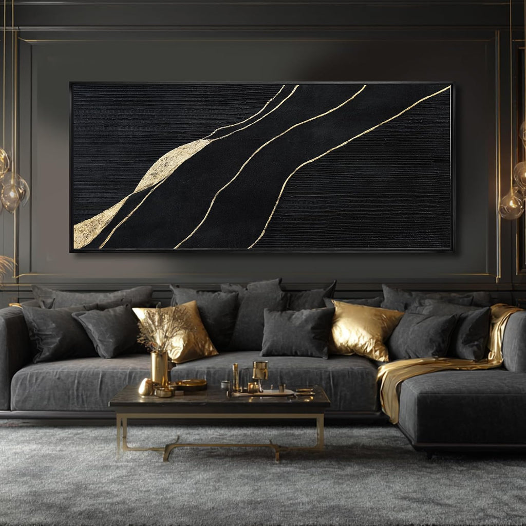 Green Hand-painted Abstract Canvas Wall Art, 32x70 Inch Black Framed Horizontal Artwork with Layered Green Tones for Living Room Decor