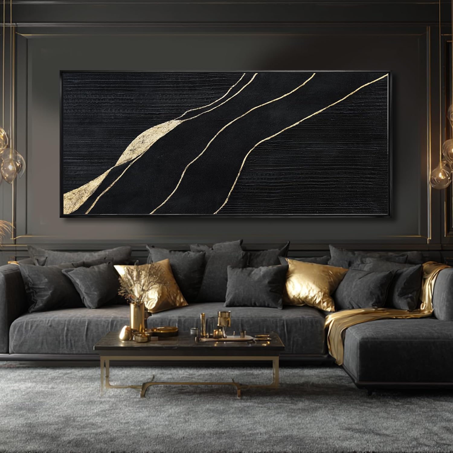 Green Hand-painted Abstract Canvas Wall Art, 32x70 Inch Black Framed Horizontal Artwork with Layered Green Tones for Living Room Decor