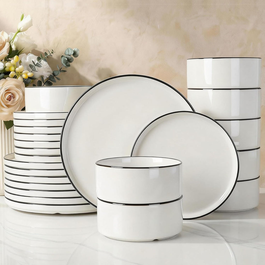 Famiware Porcelain Dinnerware Set, 24-Piece Modern Plate and Bowl Set, dish set for 8, Microwave and Dishwasher Safe Tableware, White with Black Trim