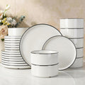 Famiware Porcelain Dinnerware Set, 24-Piece Modern Plate and Bowl Set, dish set for 8, Microwave and Dishwasher Safe Tableware, White with Black Trim