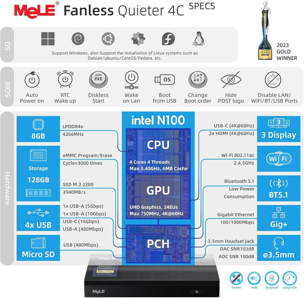 MeLE Mini PC Quieter 4C - 12th Gen N100, Fanless PC, 8GB Memory, 128GB Storage, 2.4/5G Wi-Fi, Full-Functional USB-C, 4K Triple Display Desktop on Home, Office, Education, Astrophotography