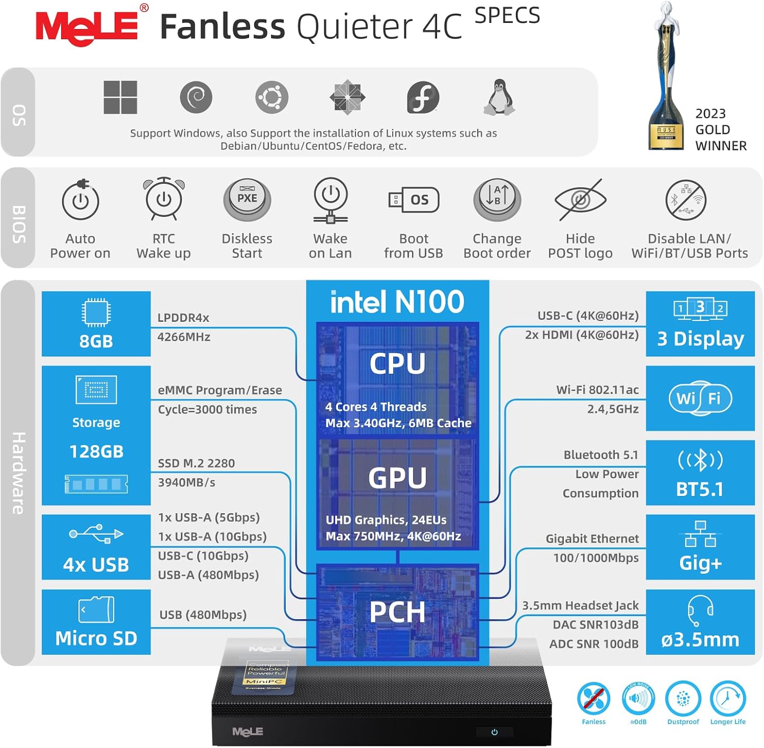MeLE Mini PC Quieter 4C - 12th Gen N100, Fanless PC, 8GB Memory, 128GB Storage, 2.4/5G Wi-Fi, Full-Functional USB-C, 4K Triple Display Desktop on Home, Office, Education, Astrophotography