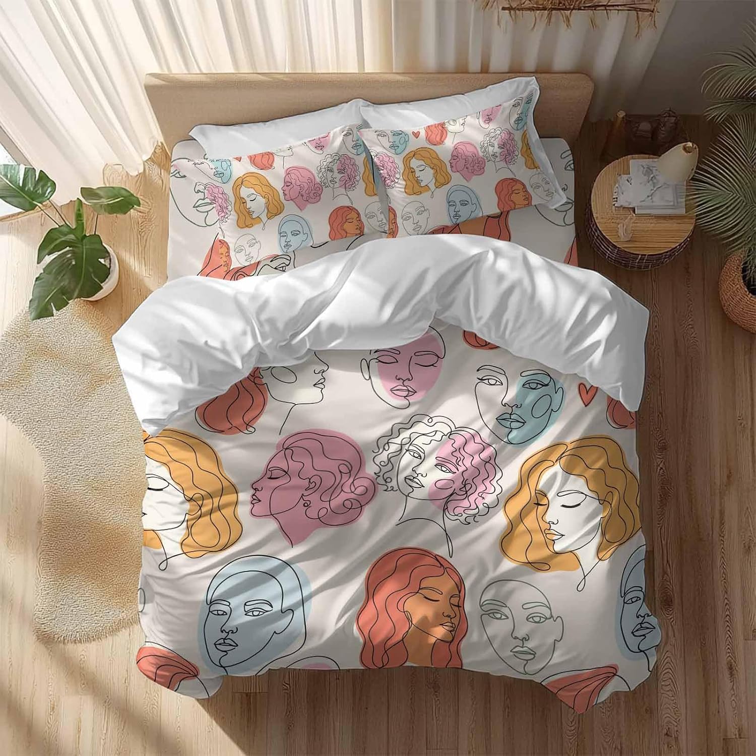 Abstract Face Painting Duvet Cover Set Queen Size 4 Pieces Boho Pink Portraits Minimalist Line Bedding Set with Zipper Closure, 1 Comforter Cover 90x92 Inches 1 Flat Sheet & 2 Pillow Cases