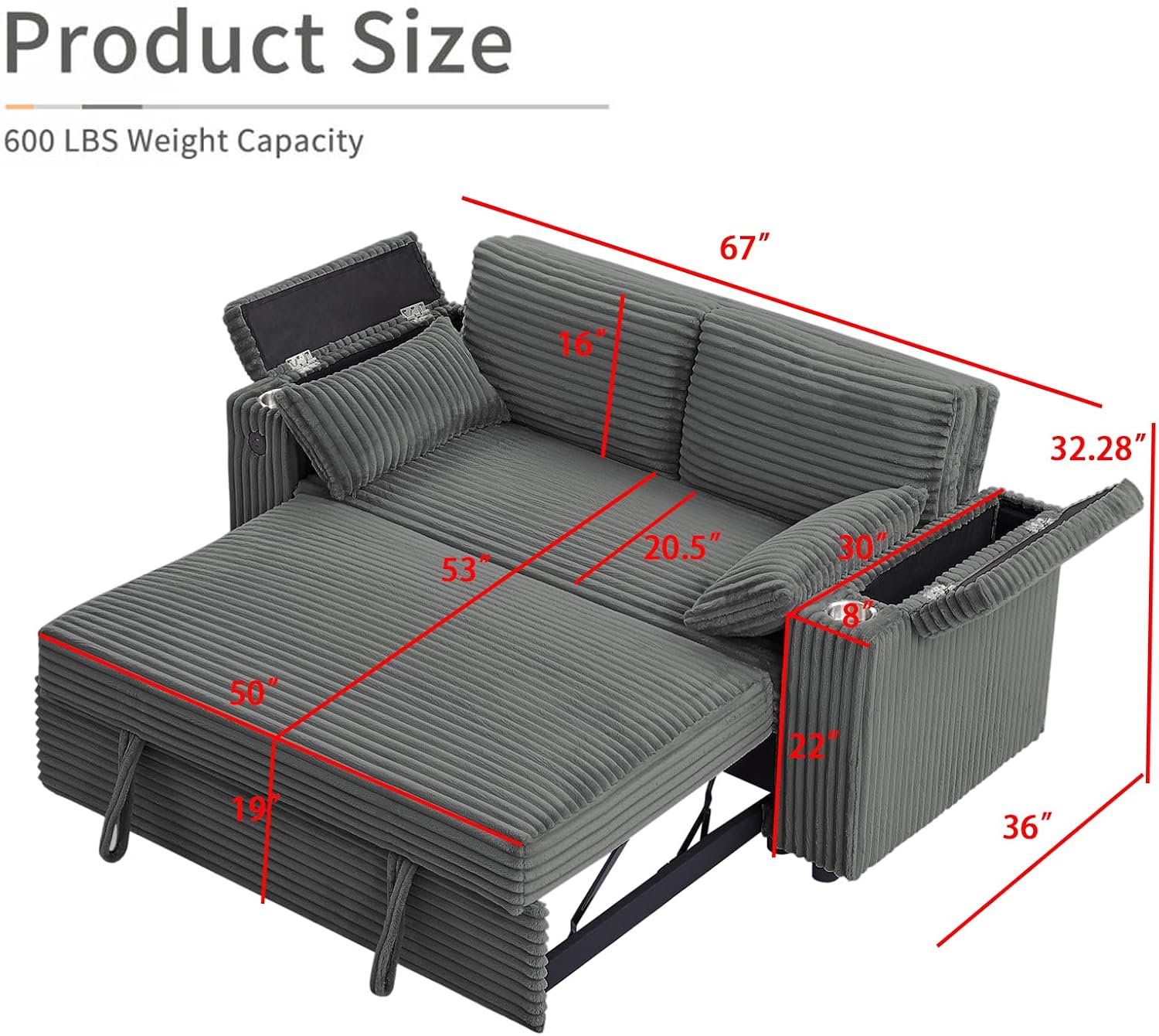 hansones 68.11' Corduroy Sleeper Chair Bed with USB Port, Cup Holders & Side Storage Pockets – 3-in-1 Foldable Sofa Bed for Guest Room, Living Room (ZY-1110-Dark Gray)