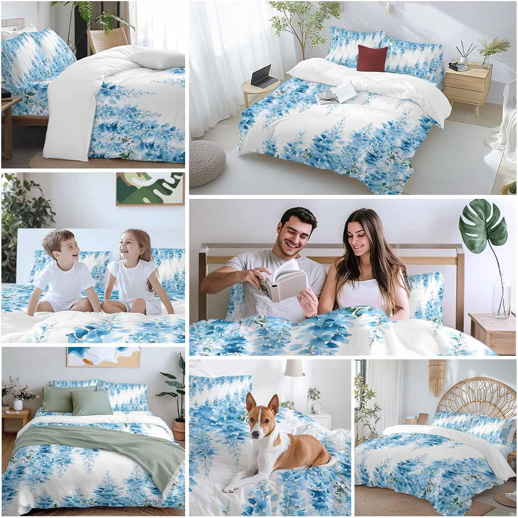 Prime Leader Blue Flowers Duvet Cover Set Queen Size 4 Pieces Watercolor Blue Wisteria Floral Bedding Set with Zipper Closure, 1 Comforter Cover 86x86 Inches 1 Flat Sheet & 2 Pillow Cases