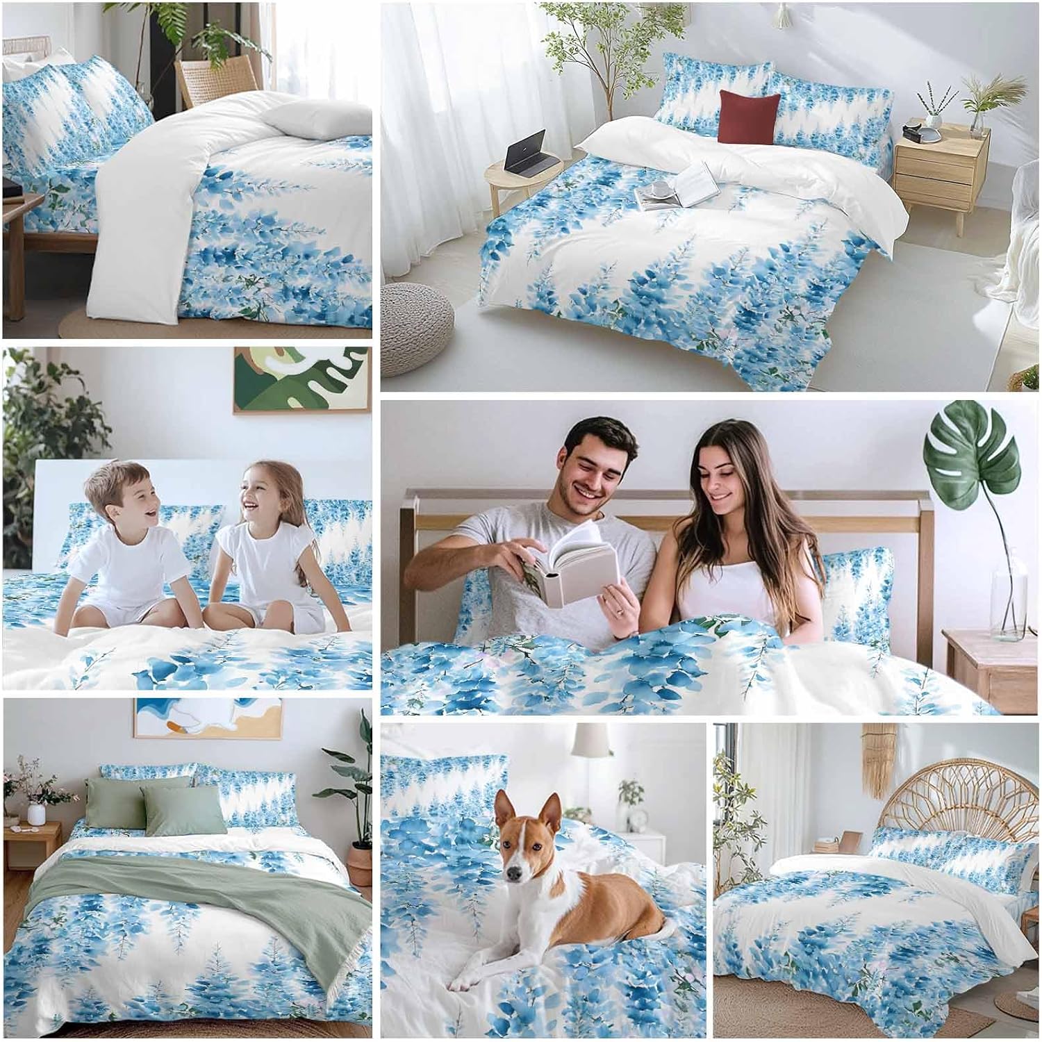Prime Leader Blue Flowers Duvet Cover Set Queen Size 4 Pieces Watercolor Blue Wisteria Floral Bedding Set with Zipper Closure, 1 Comforter Cover 86x86 Inches 1 Flat Sheet & 2 Pillow Cases
