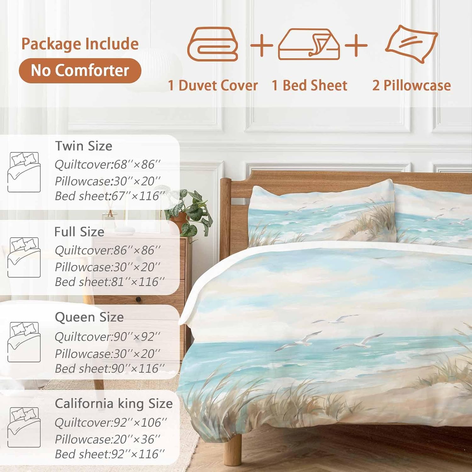 Coastal Seagulls Duvet Cover Set Queen Size 4 Pieces Beach Ocean Sky Oil Paintings Style Summer Bedding Set with Zipper Closure, 1 Comforter Cover 86x86 Inches 1 Flat Sheet & 2 Pillow Cases