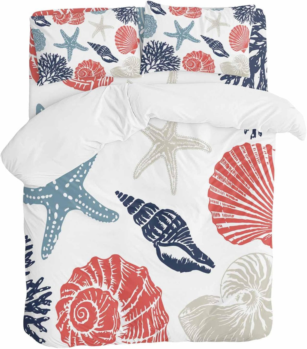 Summer Marine Life Duvet Cover Set Queen Size 4 Pieces Graffiti Red Corals Shell Conch Blue Starfish Bedding Set with Zipper Closure, 1 Comforter Cover 90x92 Inches 1 Flat Sheet & 2 Pillow Cases