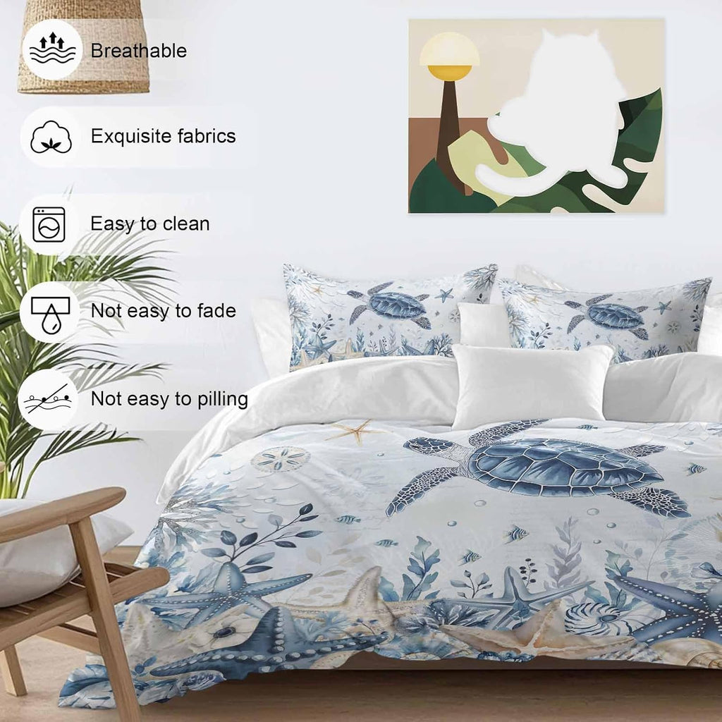 Prime Leader Ocean Turtles Duvet Cover Set Queen Size 4 Pieces Blue Yellow Sea Star Shell Coral Blue Bedding Set with Zipper Closure, 1 Comforter Cover 86x86 Inches 1 Flat Sheet & 2 Pillow Cases