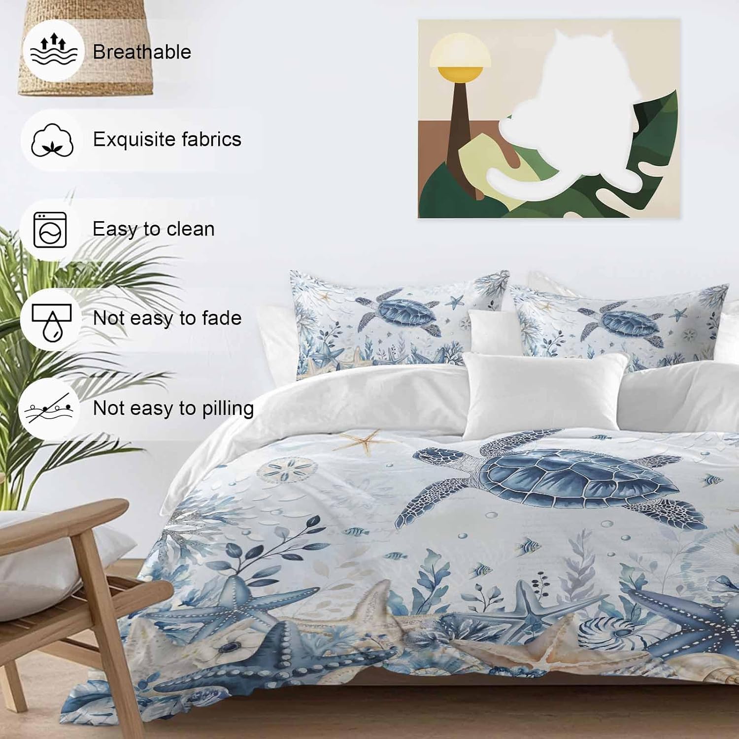 Prime Leader Ocean Turtles Duvet Cover Set Queen Size 4 Pieces Blue Yellow Sea Star Shell Coral Blue Bedding Set with Zipper Closure, 1 Comforter Cover 86x86 Inches 1 Flat Sheet & 2 Pillow Cases