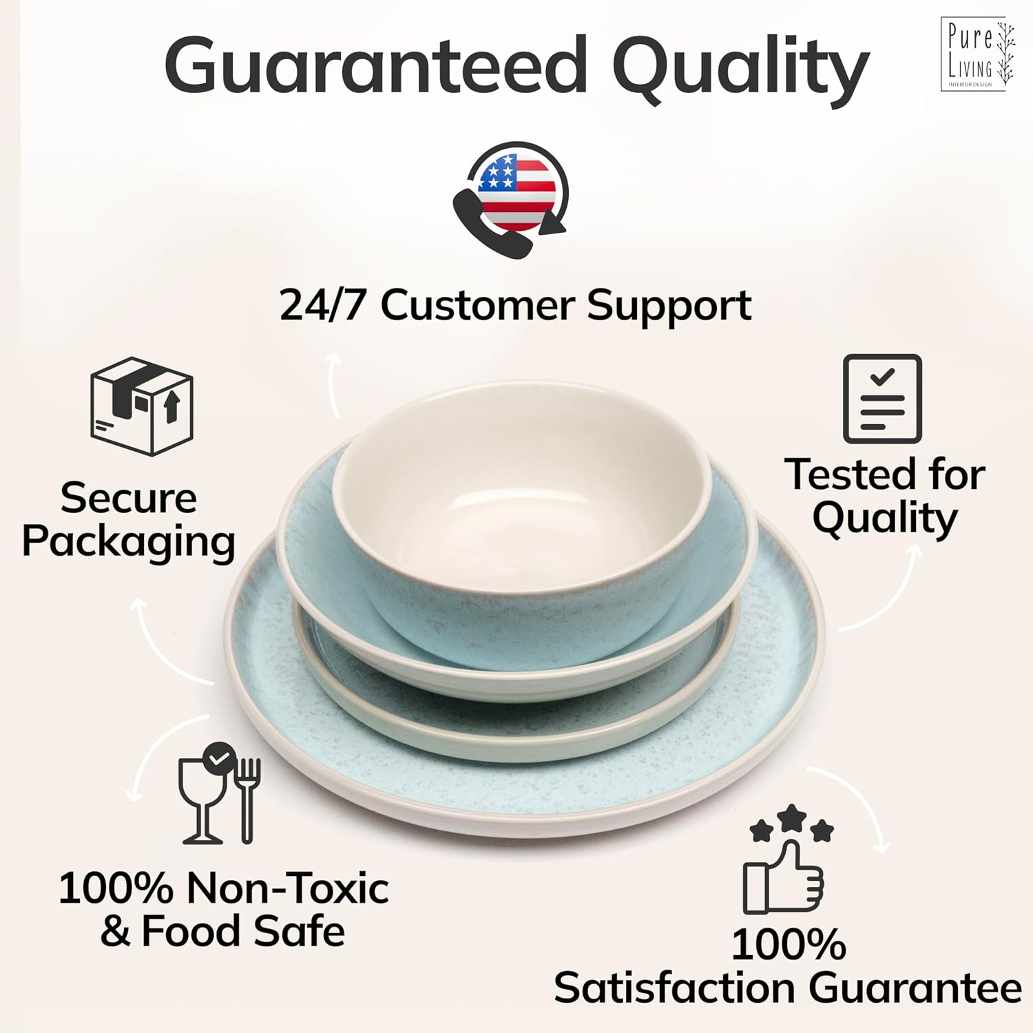 Stoneware dinnerware set 8 persons 32 pcs – Modern style plates and bowls set ceramic – Dishwasher safe and scratch resistant – Bowl and plate set – Dinner service Pure Living beige & blue