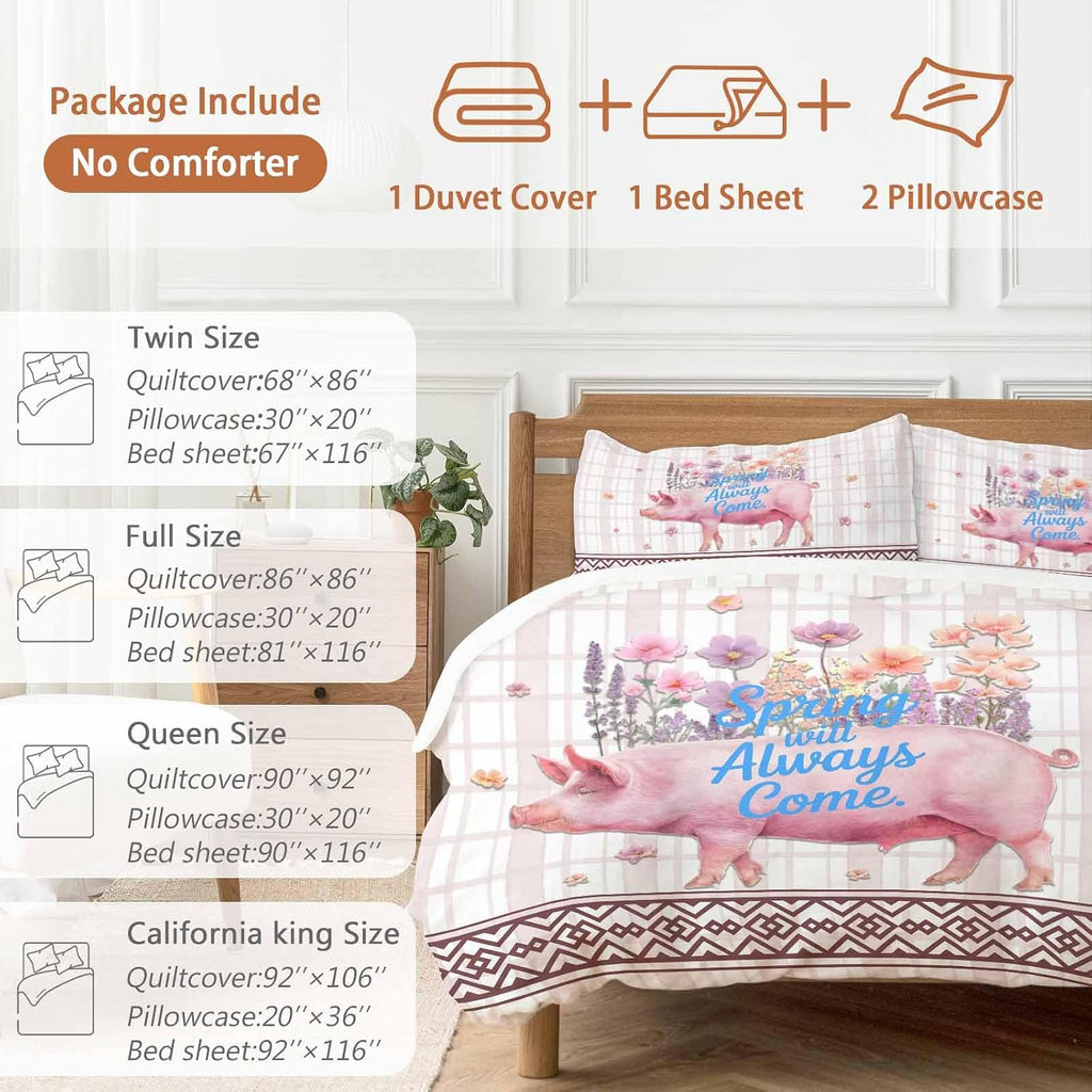 Spring Will Always Come Duvet Cover Set Queen Size 4 Pieces Funny Pig Rustic Wildflower Pink Stripes Bedding Set with Zipper Closure, 1 Comforter Cover 92x106 Inches 1 Flat Sheet & 2 Pillow Cases