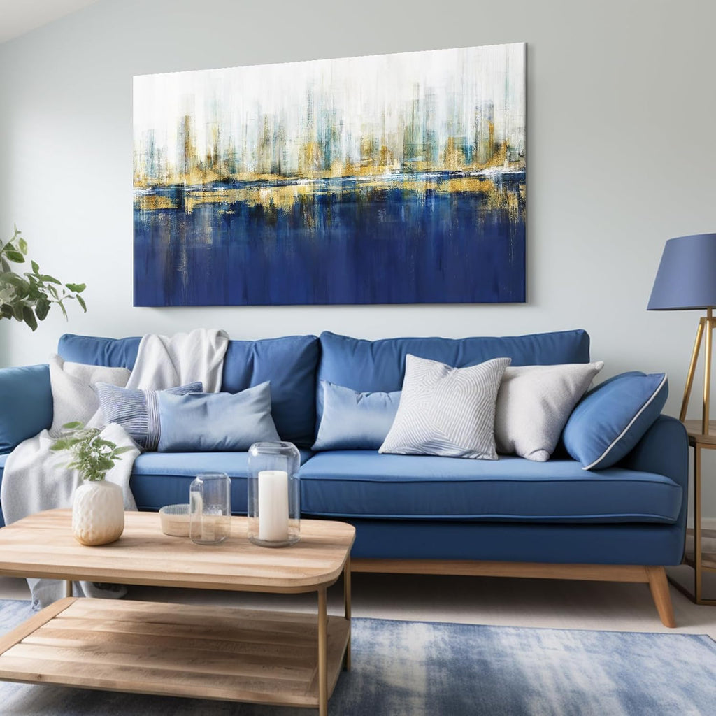 7Fisionart Indigo Blue and Gold Wall Art for Living Room Abstract Decor Canvas Paintings Cityscape Modern Skyline Large Size Pictures Framed Artwork Bedroom Office 48'x32'