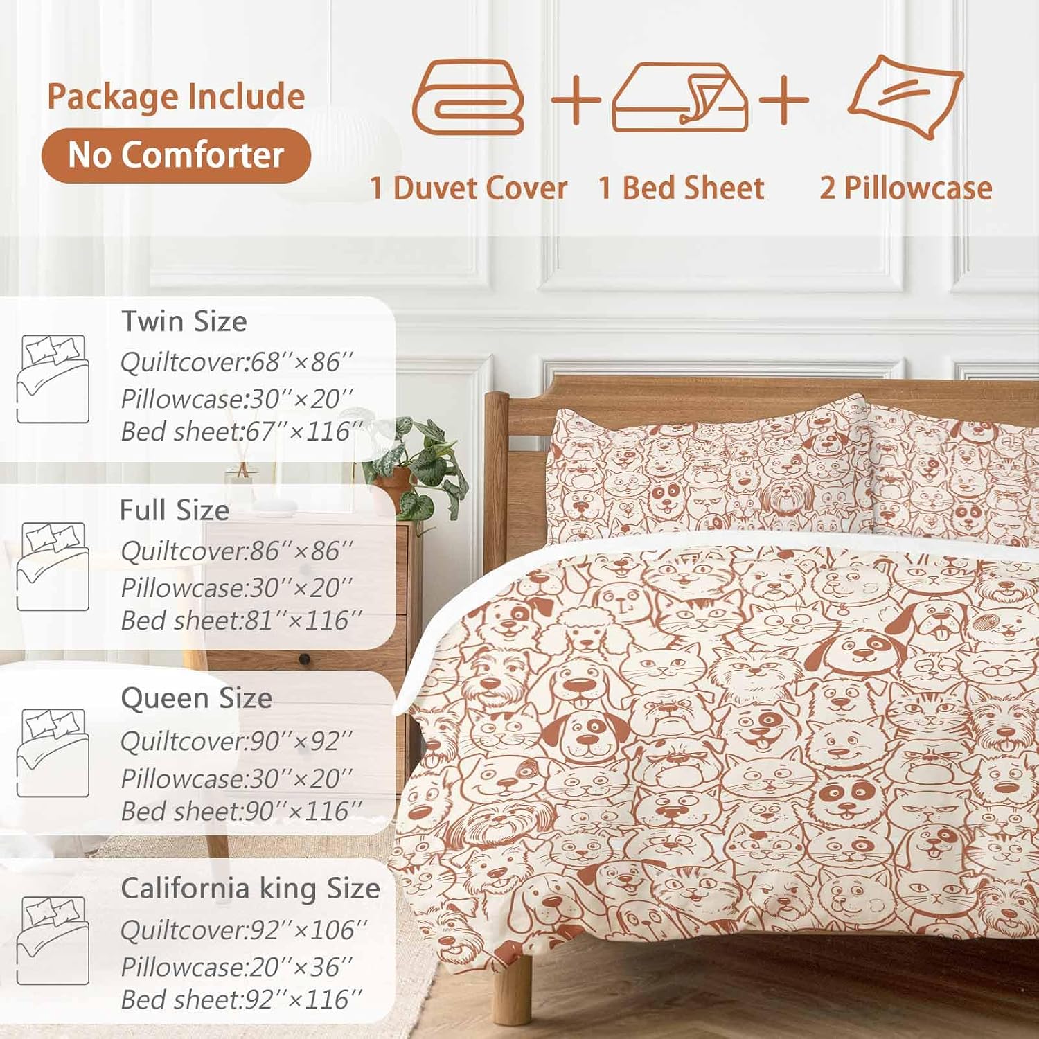 Cartoon Cat Duvet Cover Set Queen Size 4 Pieces Cute Dog Vintage Brown Line Animal Abstract Puppy Bedding Set with Zipper Closure, 1 Comforter Cover 90x92 Inches 1 Flat Sheet & 2 Pillow Cases
