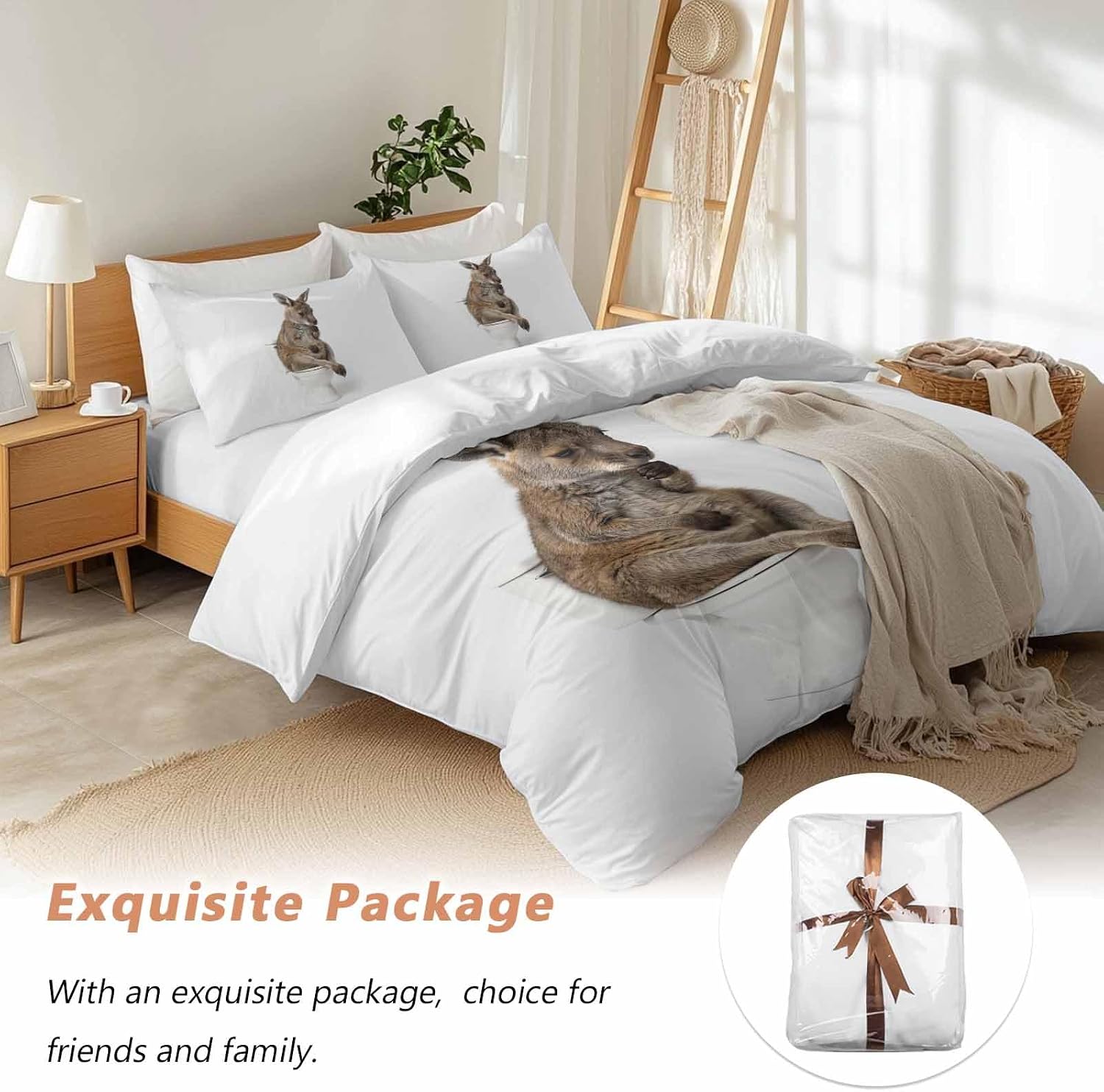 Kangaroo Sitting on The Toilet Thinking Duvet Cover Set Queen Size 4 Pieces Abstract Funny Animal Bedding Set with Zipper Closure, 1 Comforter Cover 90x92 Inches 1 Flat Sheet & 2 Pillow Cases
