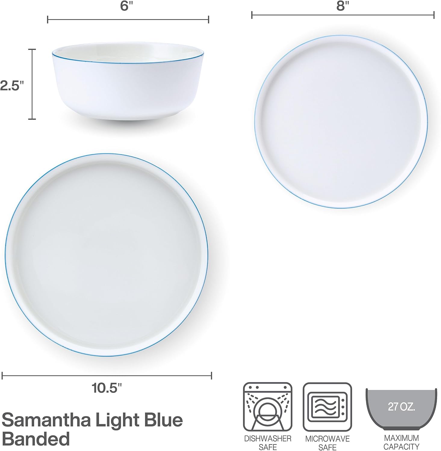 Mikasa Samantha 12 Piece Bone China Dinnerware Set, Service for 4, Flat Plates and Bowl with Blue Rim, Chip-Resistant, Lightweight, Elegant and Durable, White