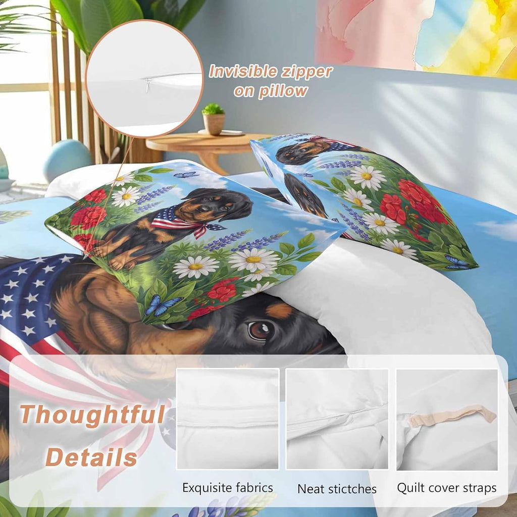 Independence Day Duvet Cover Set Queen Size 4 Pieces Watercolor U. S. Flag Cute Rottweiler Butterfly Bedding Set with Zipper Closure, 1 Comforter Cover 90x92 Inches 1 Flat Sheet & 2 Pillow Cases