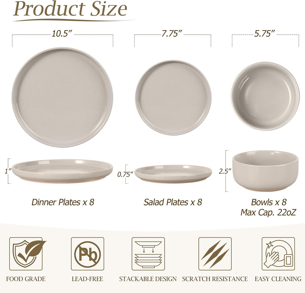 LIANYU Dinnerware Dishes Sets for 8, 24-Piece Stoneware Dinner Set, Ceramic Dining Bowls and Plates Crafted at 2400℉, Scratch Resistant, Microwave & Dishwasher Safe, Milky Brown