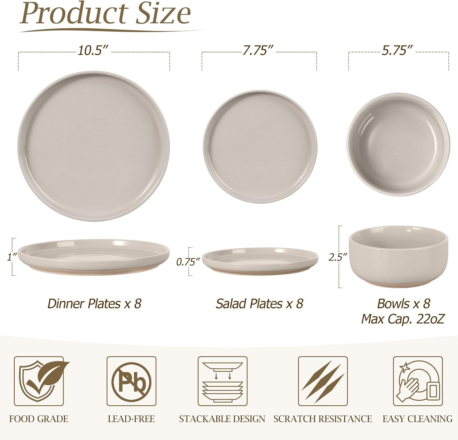 LIANYU Dinnerware Dishes Sets for 8, 24-Piece Stoneware Dinner Set, Ceramic Dining Bowls and Plates Crafted at 2400℉, Scratch Resistant, Microwave & Dishwasher Safe, Milky Brown