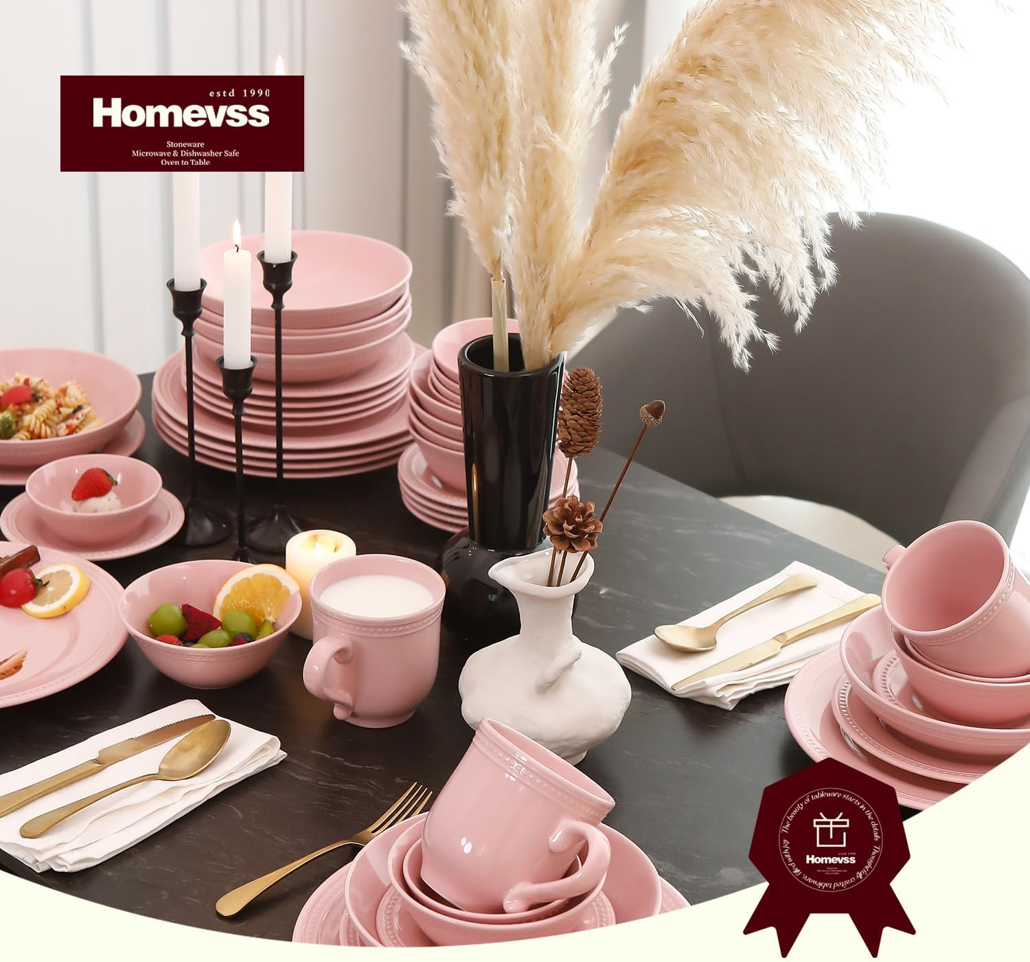 Pearl Dots Stoneware Dinnerware Set (56pc Set, Pink)