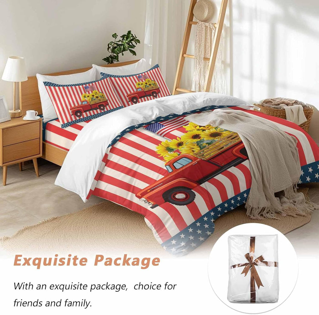 Independence Day Duvet Cover Set Queen Size 4 Pieces Five-Pointed Star U.S. Flag Themed Red Truck Sunflower Bedding Set with Zipper Closure,1 Comforter Cover 86x86 Inches 1 Flat Sheet & 2 Pillow Cases